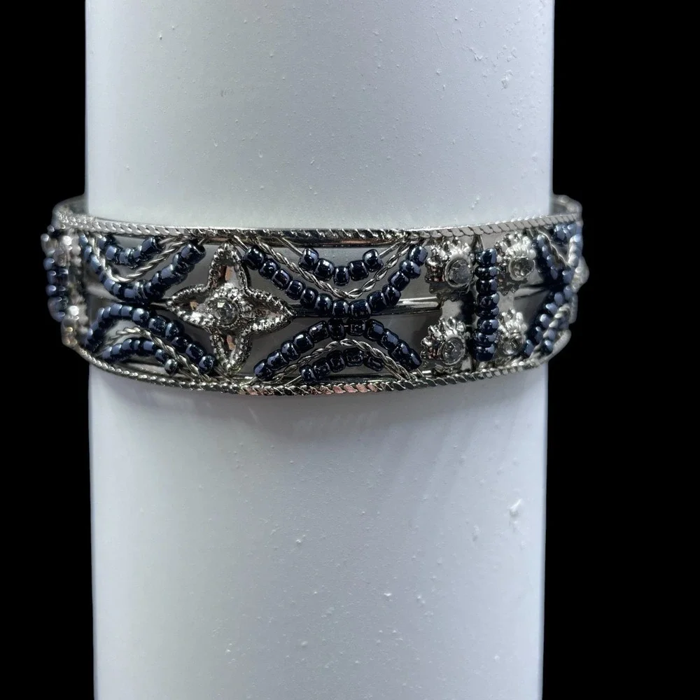 Vintage Silver Tone Cuff Bracelet Rhinestone‎ Beaded Bangle Statement Jewelry